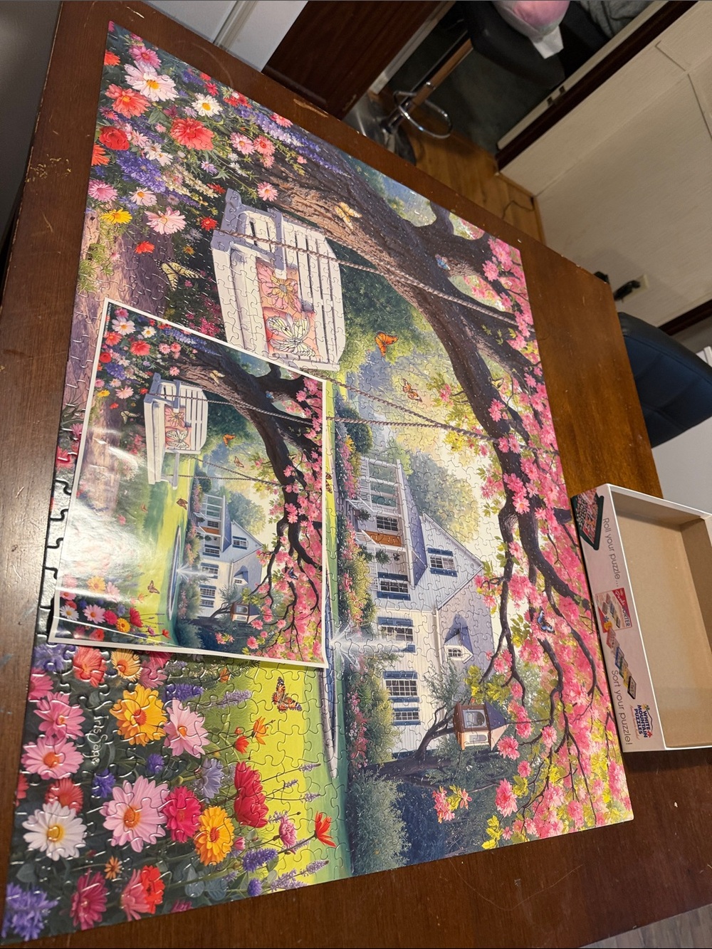 White Mountain Under Pink Blooms 1000-Piece Jigsaw Puzzle - Pink, Green, Blue - Picture 2 of 4